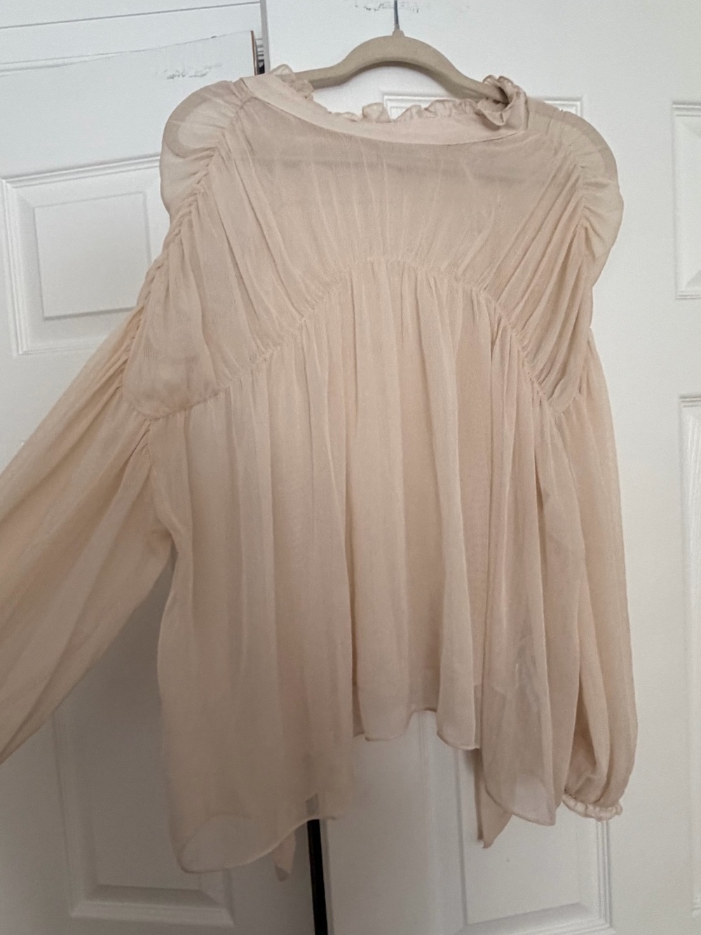 Zara Sheer Ruffled Long-Sleeve Blouse - Cream